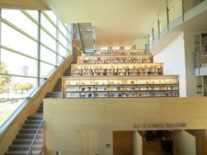 Stairs up to a tiered library